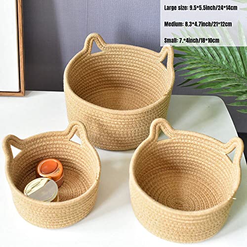 3-Piece Storage Basket Set, round woven basket，Natural Cotton Rope Woven Baskets with Handle for Organizing, Storage Basket, Decorative Woven Basket, Shelf Storagebag, Khaki