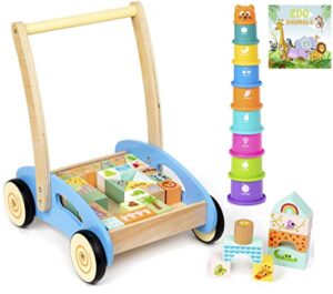 pidoko kids wooden baby walker – 1 year old boy girl gifts – includes stacking sorting cups, zoo themed blocks and book – developmental montessori learning toys for babies 12 months +