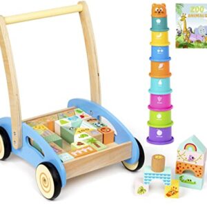 PIDOKO KIDS Wooden Baby Walker - 1 Year Old Boy Girl Gifts - Includes Stacking Sorting Cups, Zoo Themed Blocks and Book - Developmental Montessori Learning Toys for Babies 12 Months +