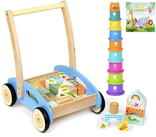 PIDOKO KIDS Wooden Baby Walker - 1 Year Old Boy Girl Gifts - Includes Stacking Sorting Cups, Zoo Themed Blocks and Book - Developmental Montessori Learning Toys for Babies 12 Months +