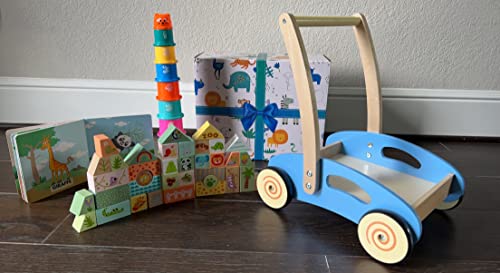 PIDOKO KIDS Wooden Baby Walker - 1 Year Old Boy Girl Gifts - Includes Stacking Sorting Cups, Zoo Themed Blocks and Book - Developmental Montessori Learning Toys for Babies 12 Months +