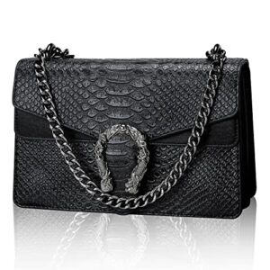 zoollyn crossbody shoulder evening bag for women – luxurious snake print pu leather messenger bag trendy chain strap clutch square satchel handbag purse black