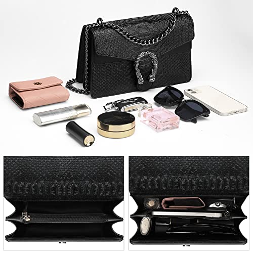 ZooLLyn Crossbody Shoulder Evening Bag for Women - Luxurious Snake Print PU Leather Messenger Bag Trendy Chain Strap Clutch Square Satchel Handbag Purse Black