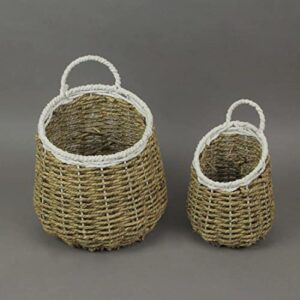 Set of 2 Natural and White Hand-Woven Seagrass Round Baskets Bohemian Decor