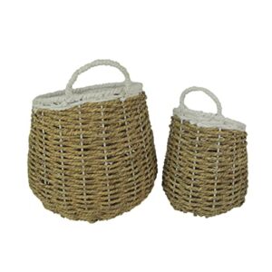 Set of 2 Natural and White Hand-Woven Seagrass Round Baskets Bohemian Decor