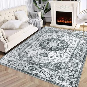 Fashionwu Vintage Area Rug Waterproof Heavy-Duty Rug Non-Slip Stain Resistant Carpet Non-Shedding Persian Distressed Boho Area Rug for Living Room Bedroom Kitchen, 8' x 10' Grey
