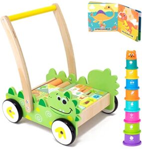 pidoko kids wooden baby walker – toys for 1 year old boy girl – push walker toy for babies – includes dinosaur cart, 36 pcs building blocks, stacking cups and book – learning walker for toddlers gifts