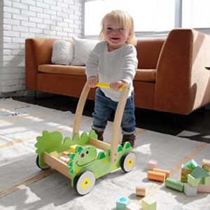 Pidoko Kids Wooden Baby Walker - Toys for 1 Year Old Boy Girl - Push Walker Toy for Babies - Includes Dinosaur Cart, 36 Pcs Building Blocks, Stacking Cups and Book - Learning Walker for Toddlers Gifts