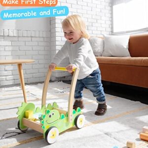 Pidoko Kids Wooden Baby Walker - Toys for 1 Year Old Boy Girl - Push Walker Toy for Babies - Includes Dinosaur Cart, 36 Pcs Building Blocks, Stacking Cups and Book - Learning Walker for Toddlers Gifts