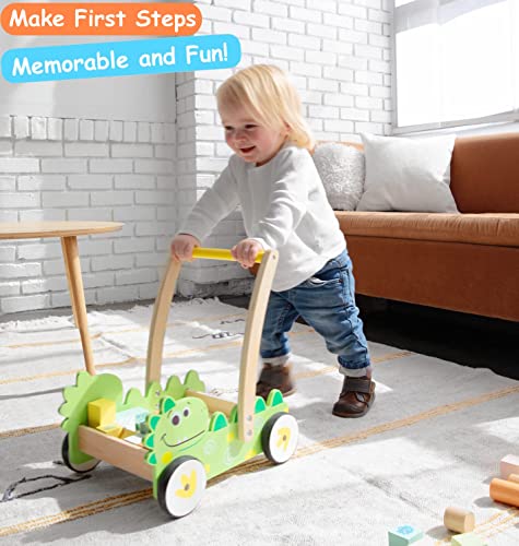 Pidoko Kids Wooden Baby Walker - Toys for 1 Year Old Boy Girl - Push Walker Toy for Babies - Includes Dinosaur Cart, 36 Pcs Building Blocks, Stacking Cups and Book - Learning Walker for Toddlers Gifts