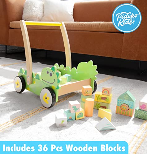 Pidoko Kids Wooden Baby Walker - Toys for 1 Year Old Boy Girl - Push Walker Toy for Babies - Includes Dinosaur Cart, 36 Pcs Building Blocks, Stacking Cups and Book - Learning Walker for Toddlers Gifts