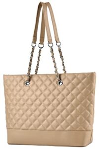 women quilted shoulder bag, fashion lightweight handbags tote puses designer satchel hobo bag with chain straps (khaki)