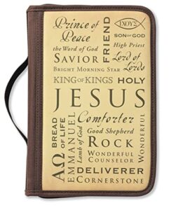 names of jesus bible cover, zippered, with handle, canvas, brown, large
