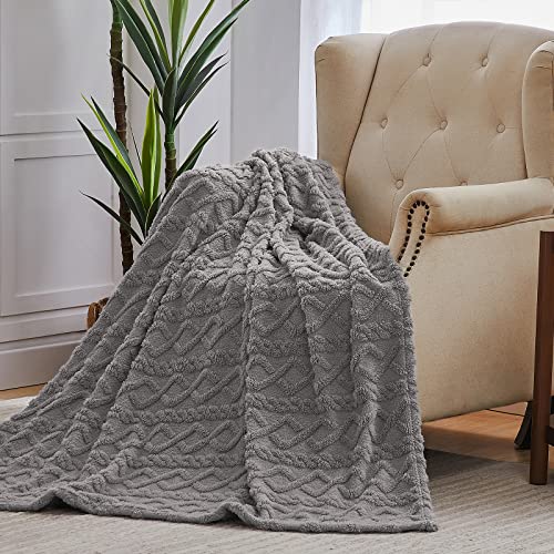 KMUSET Sherpa Fleece Throw Blanket, 50"X70", 3D-Stylish Design, Super Soft, Cozy, Lightweight, Fluffy, Flannel Blanket for Couch, Bed, Sofa, All Season Use, Grey