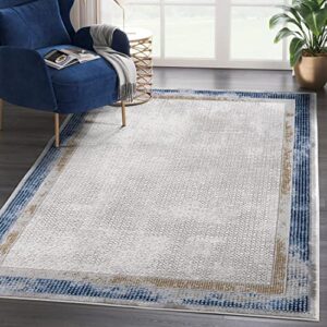 abani solid grey rugs geometric pattern 4’x6′ bedroom rug – modern design blue border no-shedding premium area rug
