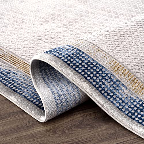 Abani Solid Grey Rugs Geometric Pattern 4'x6' Bedroom Rug - Modern Design Blue Border No-Shedding Premium Area Rug