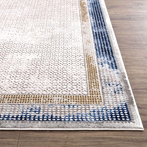 Abani Solid Grey Rugs Geometric Pattern 4'x6' Bedroom Rug - Modern Design Blue Border No-Shedding Premium Area Rug