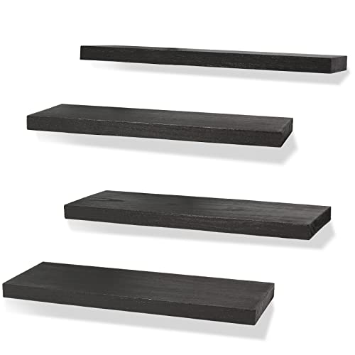 IKJZIZP Rustic Floating Shelves Wood Wall Shelves for Bathroom Bedroom Kitchen Living Room Set of 4 Black