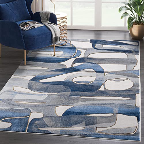 Abani Unique Blue & Grey Modern Circles Design Area Rug - Contemporary Asymmetric Print Non-Shed 4’ x 6’ Living Room Rug Rugs