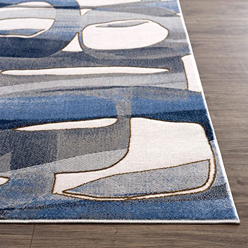 Abani Unique Blue & Grey Modern Circles Design Area Rug - Contemporary Asymmetric Print Non-Shed 4’ x 6’ Living Room Rug Rugs