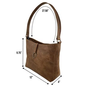 Hide & Drink, Classic Shoulder Bag Handmade from Full Grain Leather & Plaid Cotton - Durable, Spacious Handbag, Vintage Style Purse for Everyday Use, Travel, Shopping with Zipper - Bourbon Brown