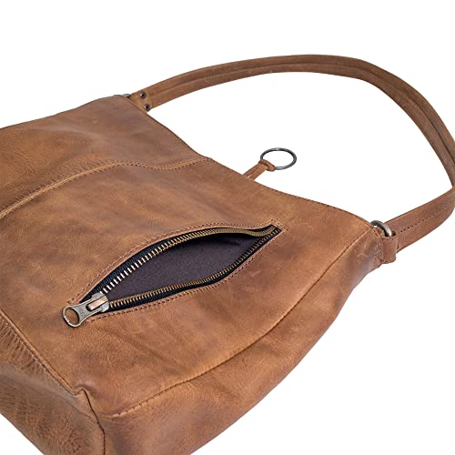 Hide & Drink, Classic Shoulder Bag Handmade from Full Grain Leather & Plaid Cotton - Durable, Spacious Handbag, Vintage Style Purse for Everyday Use, Travel, Shopping with Zipper - Bourbon Brown