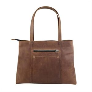 Hide & Drink, Classic Handbag Handmade from Full Grain Leather & Plaid Cotton - Durable, Spacious Tote Bag, Classy, Vintage Style Purse for Everyday Use, Travel, Shopping with Zipper - Bourbon Brown