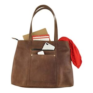 Hide & Drink, Classic Handbag Handmade from Full Grain Leather & Plaid Cotton - Durable, Spacious Tote Bag, Classy, Vintage Style Purse for Everyday Use, Travel, Shopping with Zipper - Bourbon Brown