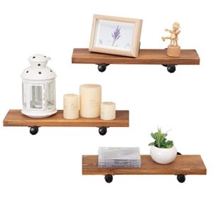 canwedance rustic wood floating shelves with industrial pipe brackets set of 3,3 tier wall mounted shelving storage for bathroom bedroom living room kitchen office home decor 16.1″ x 5.5″ (brown)