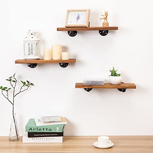 canwedance Rustic Wood Floating Shelves with Industrial Pipe Brackets Set of 3,3 Tier Wall Mounted Shelving Storage for Bathroom Bedroom Living Room Kitchen Office Home Decor 16.1" x 5.5" (Brown)