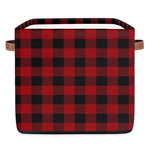 Storage Cube Bins Buffalo Red Plaid Grid Large Collapsible Storage Basket with Handle Decorative Storage Boxes for Toys Organizer Closet Shelf Nursery Kid Bedroom,13x13x13