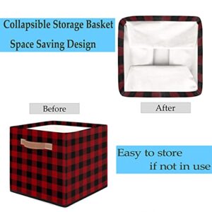 Storage Cube Bins Buffalo Red Plaid Grid Large Collapsible Storage Basket with Handle Decorative Storage Boxes for Toys Organizer Closet Shelf Nursery Kid Bedroom,13x13x13