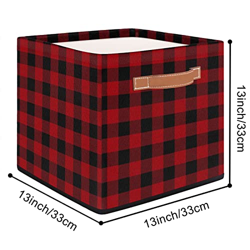 Storage Cube Bins Buffalo Red Plaid Grid Large Collapsible Storage Basket with Handle Decorative Storage Boxes for Toys Organizer Closet Shelf Nursery Kid Bedroom,13x13x13