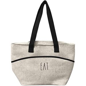 rae dunn tote with linen exterior, and insulated lining to help keep food fresh from heat & cold. (eat/black embroidery)