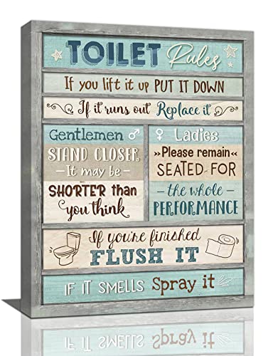 Bathroom Wall Art Toilet Rules Canvas Wall Decor Bathroom Sign Pictures Print Painting Teal Framed Artwork Home Decoration for Bathroom 12"x16"