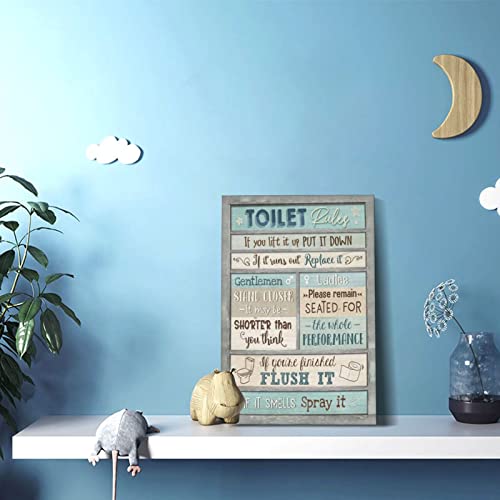 Bathroom Wall Art Toilet Rules Canvas Wall Decor Bathroom Sign Pictures Print Painting Teal Framed Artwork Home Decoration for Bathroom 12"x16"