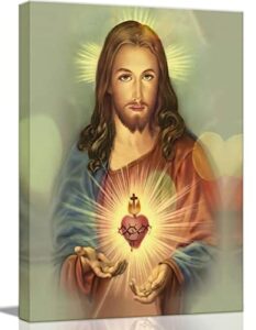 framed sacred heart of jesus wall canvas art decor divine mercy catholic christianity for faith living room bedroom dining room for parents poster pictures painting framed 12×16 inch