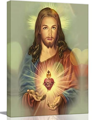 Framed Sacred Heart of Jesus wall Canvas art Decor Divine Mercy Catholic Christianity for Faith living room bedroom dining room for parents Poster Pictures Painting framed 12x16 inch