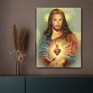 Framed Sacred Heart of Jesus wall Canvas art Decor Divine Mercy Catholic Christianity for Faith living room bedroom dining room for parents Poster Pictures Painting framed 12x16 inch