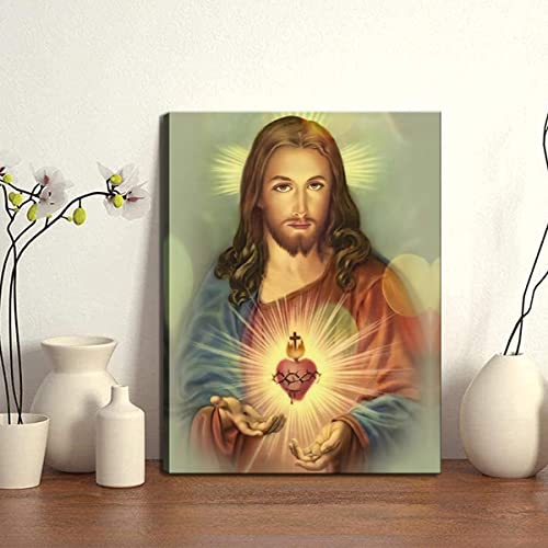 Framed Sacred Heart of Jesus wall Canvas art Decor Divine Mercy Catholic Christianity for Faith living room bedroom dining room for parents Poster Pictures Painting framed 12x16 inch