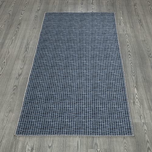 Ottomanson Machine Washable Wrinkle Free Solid Design Cotton 3x6 Traditional Flatweave Area Rug for Dining Room, Living Room, Bedroom, 2'7'' x 6', Navy