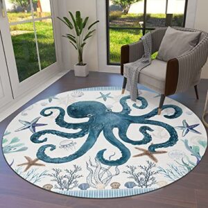 ocean octopus round area rugs 5ft – soft area rug for kids room, blue summer beach nautical coastal starfish coral machine washable living room circle rugs, non-shedding bedroom carpet floor mat