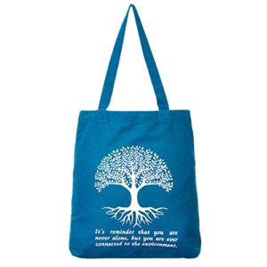 cotton canvas tote bag with tree of life printed – ethnic style shoulder bag | inner zip pocket included | best for use in gym, shopping, travel, beach – petrol