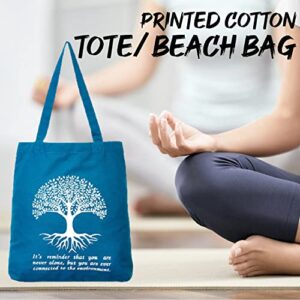 Cotton Canvas Tote Bag With Tree of Life Printed - Ethnic Style Shoulder Bag | Inner Zip Pocket Included | Best for Use In Gym, Shopping, Travel, Beach - Petrol