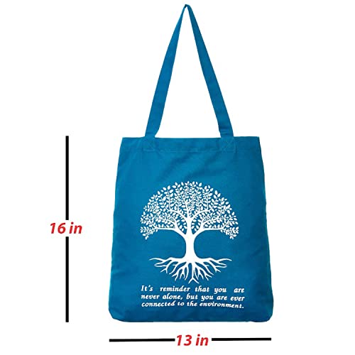 Cotton Canvas Tote Bag With Tree of Life Printed - Ethnic Style Shoulder Bag | Inner Zip Pocket Included | Best for Use In Gym, Shopping, Travel, Beach - Petrol