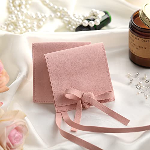 40 Pcs Microfiber Jewelry Pouch 8 x 8 Cm, Jewelry Packaging Bag Luxury Small Jewelry Gift Bags Bow Tie Microfiber Bag for Bracelet Necklace Packaging, Envelope Style with Strings and Divider, Pink