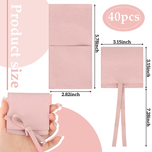 40 Pcs Microfiber Jewelry Pouch 8 x 8 Cm, Jewelry Packaging Bag Luxury Small Jewelry Gift Bags Bow Tie Microfiber Bag for Bracelet Necklace Packaging, Envelope Style with Strings and Divider, Pink