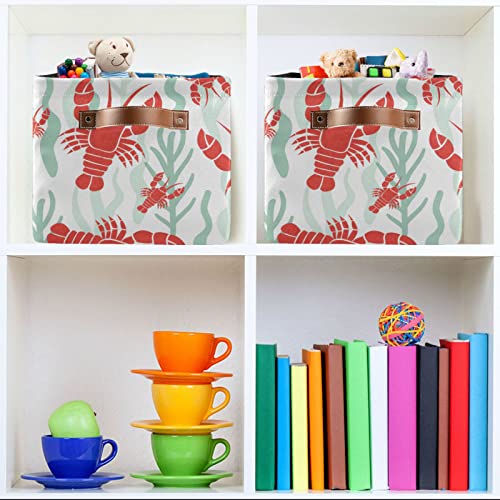 Lobster Storage Basket Set of 2 Large Fabric Beach Storage Basket Bins Box Cube with Handles Collapsible Closet Shelf Clothes Organizer Basket for Nursery Bedroom