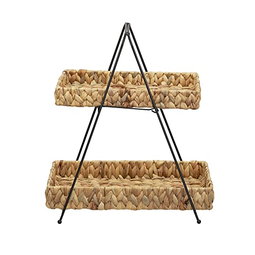 Household Essentials Water Hyacinth Geometric Tray Tower with 2 Baskets, Natural