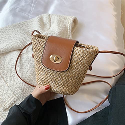 Yviv1yn Women Bag Straw Woven Trend Shoulder Crossbody Bag PU Patchwork Basket Rattan Bag Summer Beach Bolso (Color : Big Khaki, Size : One Size)